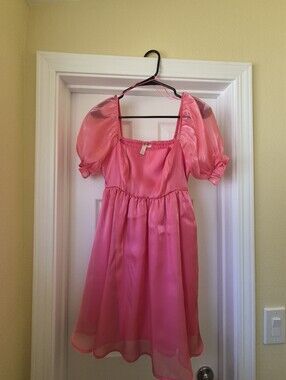 Coral Pink Puff Sleeve Satin Dress